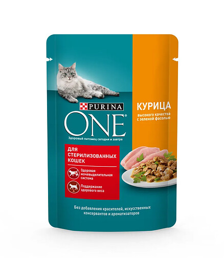 Корм для кошек Purina ONE для стерилизованных, курица и фасоль (75г) 438x503 в Материке