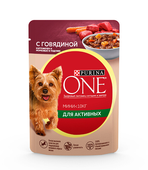 Корм для собак Purina One Мини для активных, говяд., картоф., морковь (85г) 586x674 Корм для собак Purina One Мини для активных, говяд., картоф., морковь (85г) 586x674 в Материке