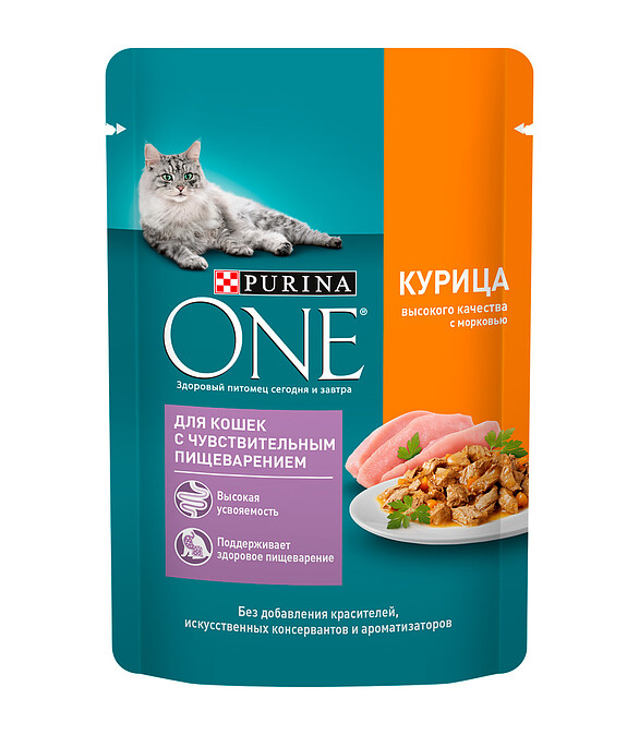 Корм для кошек Purina ONE с чувств. пищевар., курица и морковь (75г) 586x674 в Материке