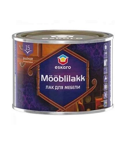 Лак Eskaro Mooblilakk 15 акриловый для мебели полуматовый 0,45л 438x503 в Материке