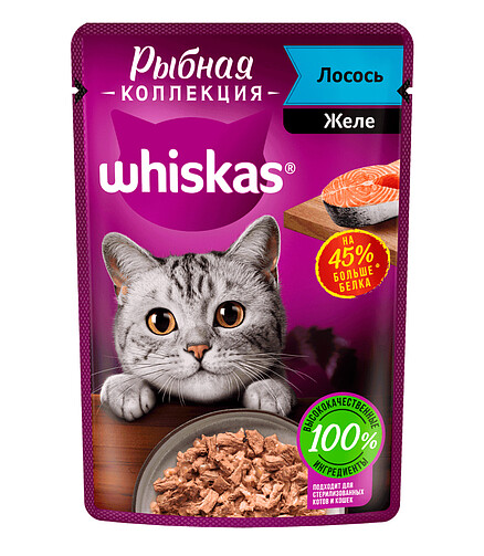 Корм для кошек WHISKAS Рыбная коллекция, лосось, желе (75г) 438x503 в Материке