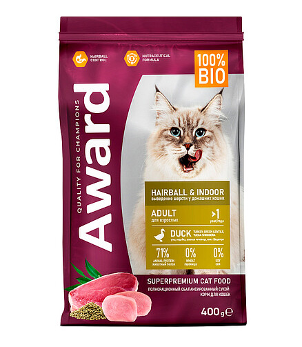 Корм для кошек Award Hairball &Indoor утка,индейка,чечевица,юкка Шидигера(0,4кг) 438x503 в Материке
