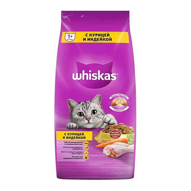 Корм для взрослых кошек WHISKAS Подушечки с паштетом с курицей и индейкой (5кг)