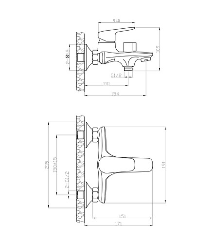 Смеситель HAPPO TOK-HAP-1014 (для ванны, короткий излив) с душ.комплектом 438x503 в Материке - Вариант 2