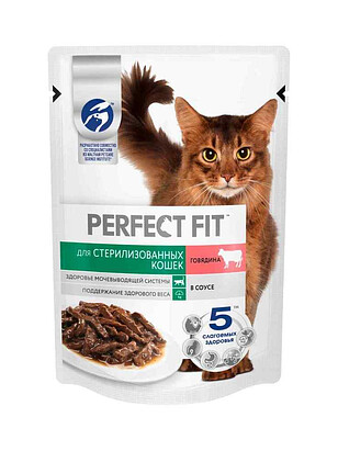 Корм для кошек PERFECT FIT для стерилизованных, говядина, соус (75г) 238x286 в Материке