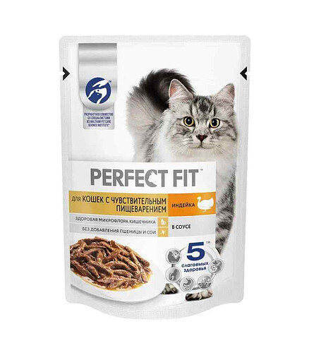 Корм для кошек PERFECT FIT с чувств. пищевар., индейка, соус (75г) 438x503 в Материке