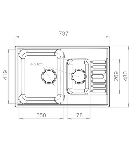 Мойка QUARZ GF-Z 21К (ЕСО-21К), 1,5 чаши 740х480мм серый (без сифона) 438x503 в Материке - Вариант 2