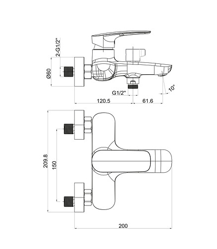 Смеситель KOMAKI TOK-KOM-1014 (для ванны, короткий излив) с душ.комплектом 438x503 в Материке - Вариант 2