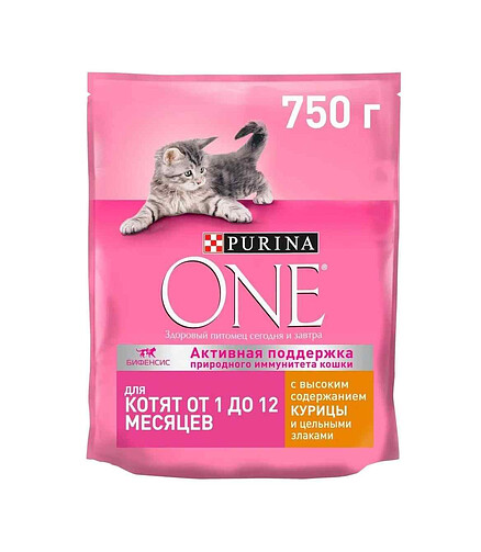 Корм для котят Purina ONE c высоким содержанием курицы и злаками (0,75кг) 438x503 в Материке