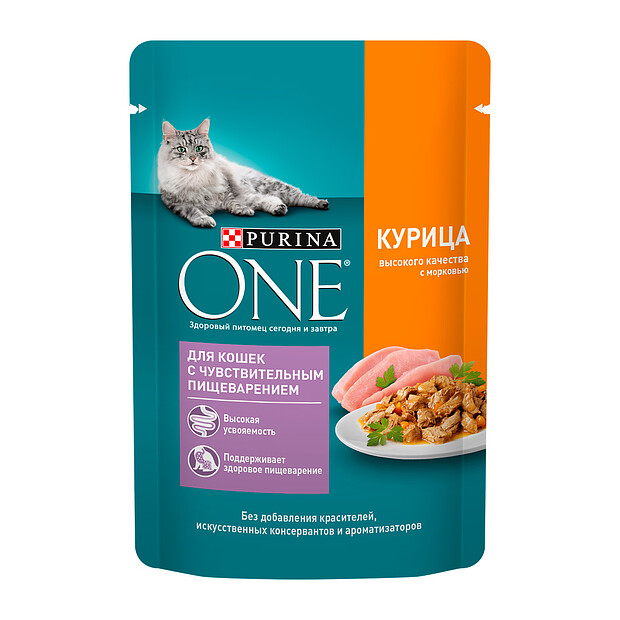 Корм для кошек с чувств. пищ. Purina ONE с курицей выс.кач., морковью (75г)