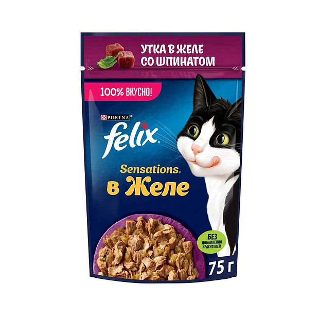 Корм для кошек FELIX SENSATIONS кусочки в желе, утка, шпинат (75г)