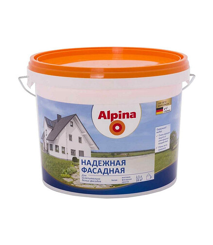 Краска Alpina Надежная фасадная белая, 2,5л / 3,88кг 438x503 в Материке