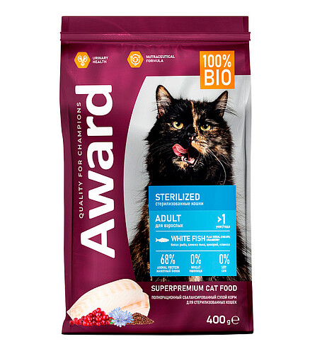 Корм для кошек Award Sterilized белая рыба, семя льна, клюква, цикорий (0,4кг) 438x503 в Материке