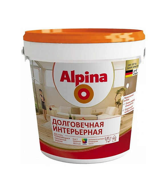 Краска Alpina Долговечная интерьерная Б3 шелк.-матовая, 0,85л 586x674 в Материке
