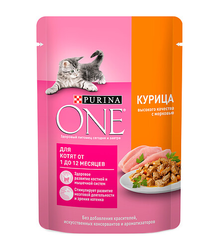 Корм для котят Purina ONE курица и морковь (75г) 438x503 в Материке