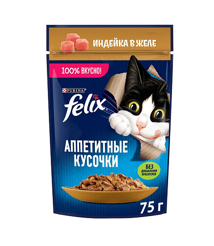 Корм для кошек FELIX индейка, кусочки в желе (75г) 438x503 в Материке