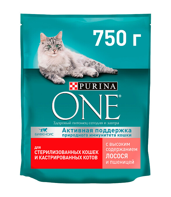 Корм для кошек Purina ONE для стерилизованных, лосось и пшеница (0,75кг) 586x674 в Материке