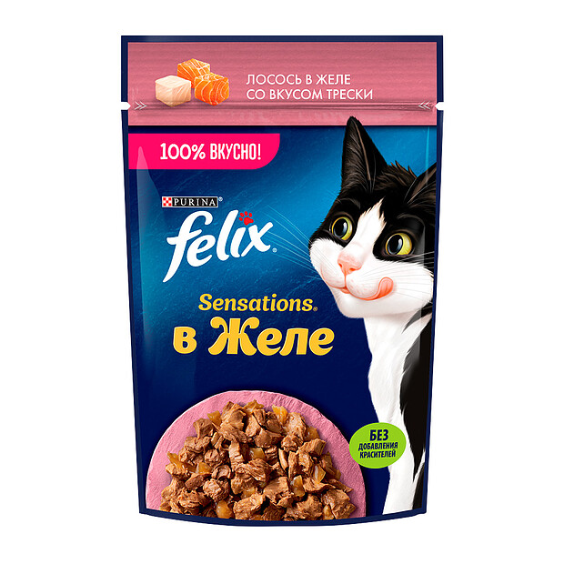 Корм для кошек FELIX SENSATIONS кусочки в желе, лосось, треска (75г)