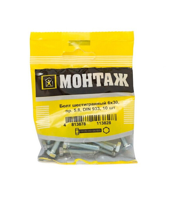 Болт 6-гранный 6х30, цинк, прочн. 5.8 DIN 933 (уп=10шт)_МОНТАЖ_BM001651 586x674 Болт 6-гранный 6х30, цинк, прочн. 5.8 DIN 933 (уп=10шт)_МОНТАЖ_BM001651 586x674 в Материке