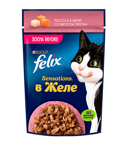 Корм для кошек FELIX Sensations, лосось, треска, кусочки в желе (75г) 438x503 в Материке