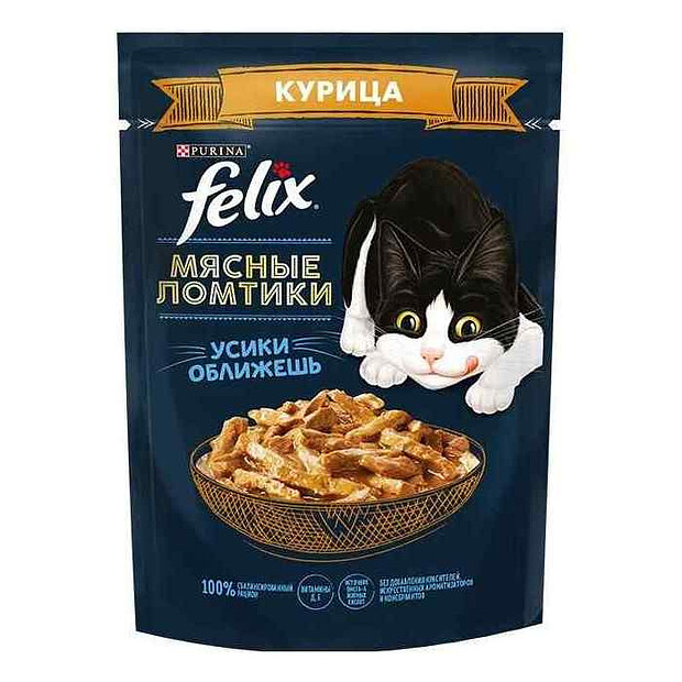 Корм для взрослых кошек FELIX Мясные ломтики, с курицей в соусе (75г) 620x620 в Материке