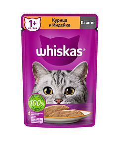 Корм для взрослых кошек WHISKAS паштет с курицей и индейкой (75г)