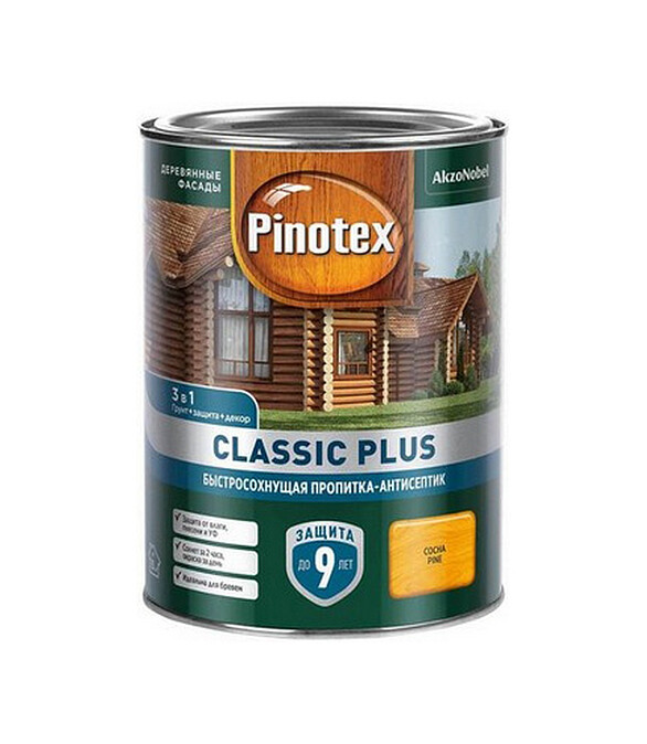 Пропитка-антисептик Pinotex Classic Plus 3 в 1 Сосна, 0,9л 586x674 в Материке
