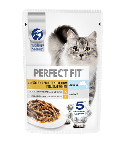 Корм для кошек PERFECT FIT с чувств. пищевар., лосось, соус (75г) 438x503 в Материке