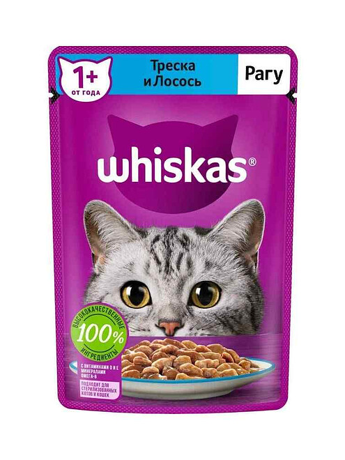 Корм для кошек WHISKAS треска и лосось, рагу (75г) 495x660 Корм для кошек WHISKAS треска и лосось, рагу (75г) 495x660 в Материке