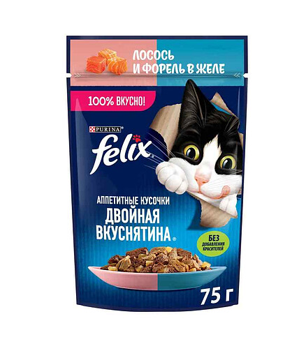 Корм для кошек FELIX Двойная вкуснятина, лосось/форель (75г) 438x503 в Материке