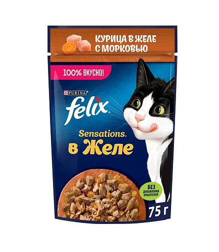 Корм для кошек FELIX Sensations, курица, морковь, кусочки в желе (75г) 438x503 в Материке