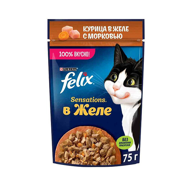 Корм для кошек FELIX SENSATIONS кусочки в желе, курица, морковь (75г)