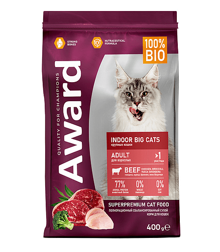 Корм для кошек Award Indoor Big cats говядина,курица,брокк.,юкка Шидигера(0,4кг) 438x503 в Материке