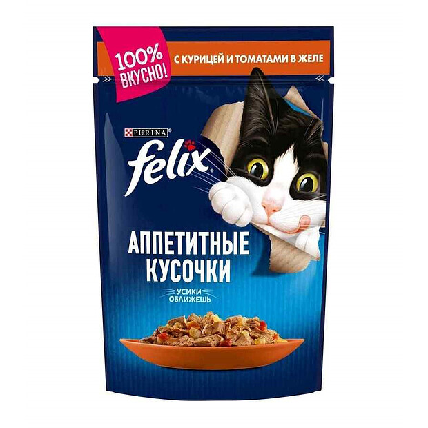 Корм для кошек FELIX кусочки в желе, курица, томат (75г)