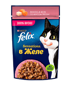 Корм для кошек FELIX SENSATIONS кусочки в желе, лосось, треска (75г)