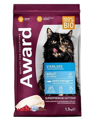 Корм для кошек Award Sterilized белая рыба, семя льна, клюква, цикорий (1,5кг) 238x286 в Материке