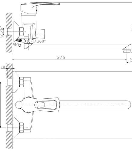 Смеситель ROSSINKA T40-32 (для ванны, длинный излив 350мм) 438x503 в Материке - Вариант 2