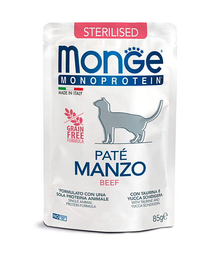 Корм для кошек Monge Cat Monoprotein Sterilised говядина (85г) 438x503 в Материке