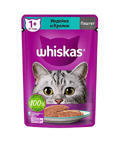 Корм для взрослых кошек WHISKAS паштет с индейкой и кроликом (75г)