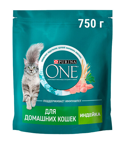 Корм для кошек Purina ONE для домашних, цельные злаки, индейка (0,75кг) 438x503 в Материке