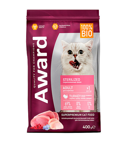 Корм для кошек Award Sterilized индейка, курица, клюква, цикорий (0,4кг) 438x503 в Материке