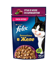 Корм для кошек FELIX SENSATIONS кусочки в желе, утка, шпинат (75г)