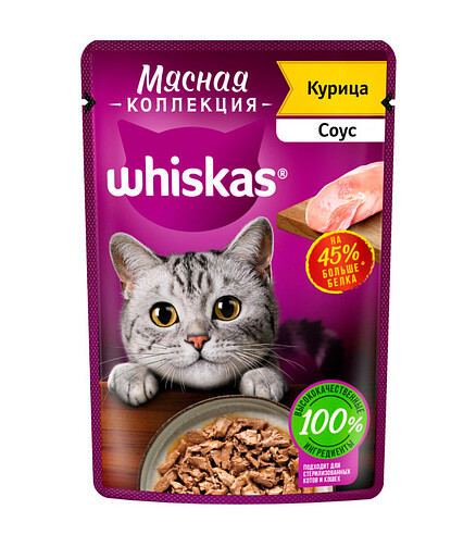Корм для кошек WHISKAS Мясная коллекция, курица, соус (75г) 438x503 в Материке