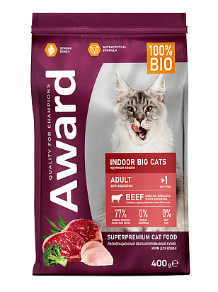 Корм для кошек Award Indoor Big cats говядина,курица,брокк.,юкка Шидигера(0,4кг) 238x286 в Материке
