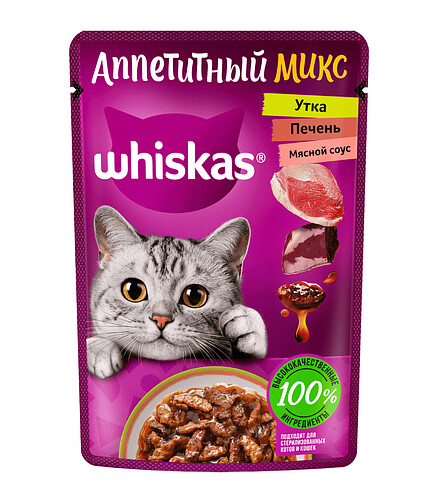 Корм для кошек WHISKAS Аппетитный микс, утка, печень, соус (75г) 438x503 в Материке