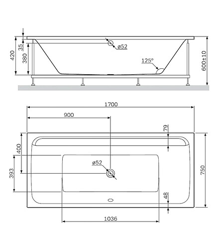 Ванна акриловая прямоугольная INSPIRE 2.0, 170х75см без каркаса 438x503 в Материке - Вариант 2