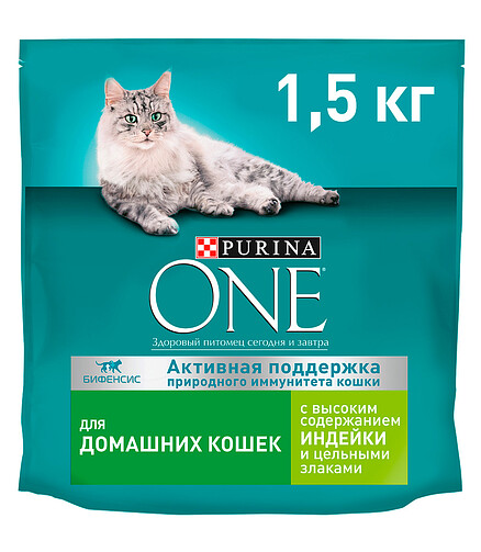 Корм для кошек Purina ONE для домашних, цельные злаки, индейка (1,5кг) 438x503 в Материке