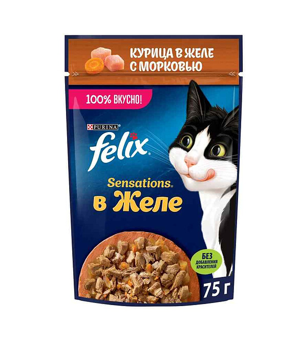 Корм для кошек FELIX Sensations, курица, морковь, кусочки в желе (75г) 586x674 Корм для кошек FELIX Sensations, курица, морковь, кусочки в желе (75г) 586x674 в Материке