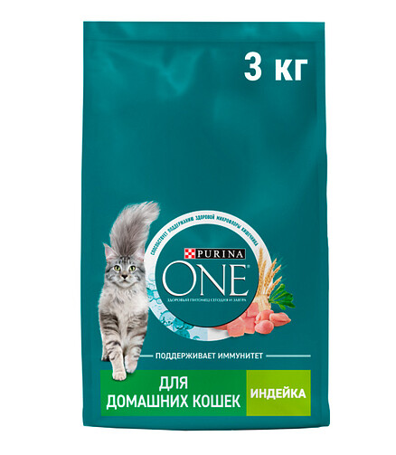 Корм для кошек Purina ONE для домашних, цельные злаки, индейка (3кг) 438x503 в Материке