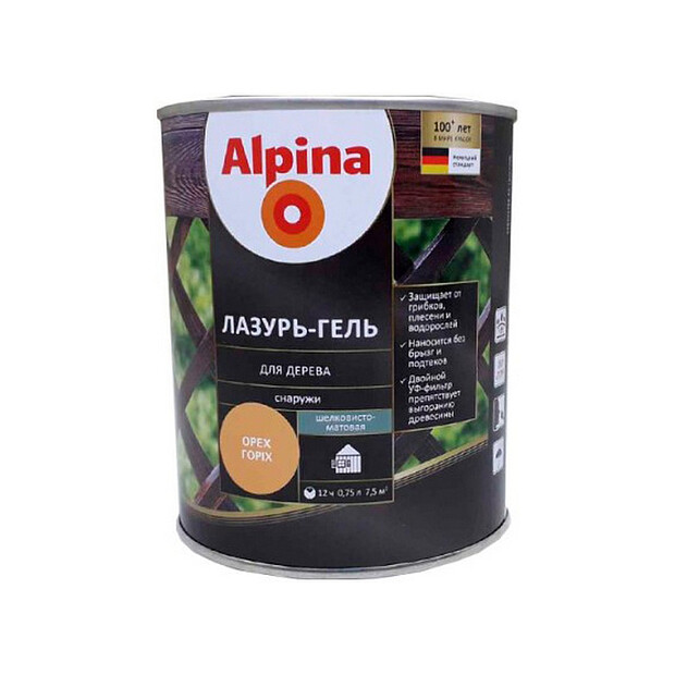 Лазурь-гель ALPINA алкидый для дерева шелк/матовый орех 0,75л